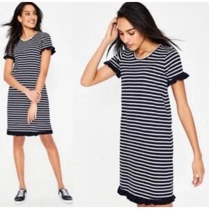 Boden Emily Striped Cotton Ruffle Trim Dress In Navy White Size XS